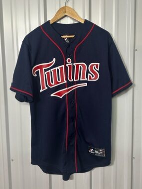 Men’s Majestic Athletic Minnesota Twins Snap Front Jersey MLB Baseball Navy Red